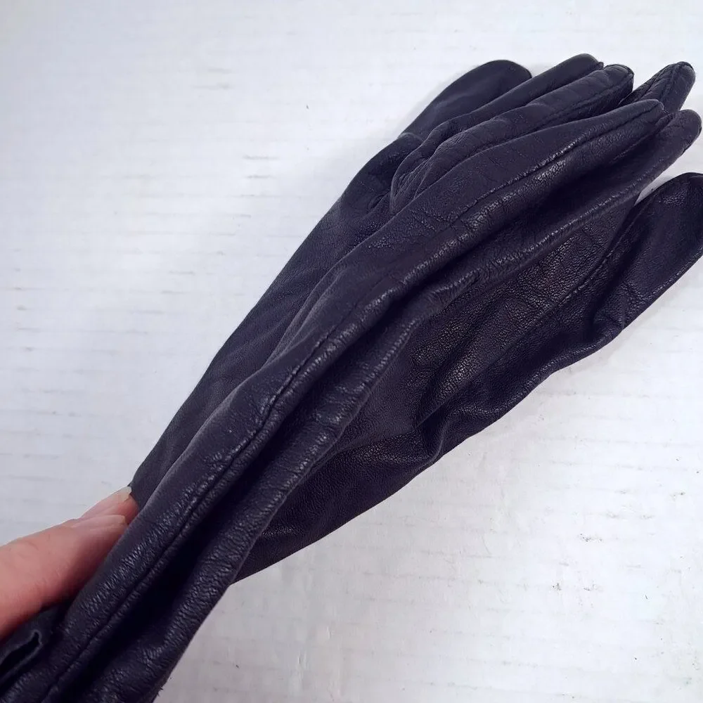 Fownes Leather Gloves women's sz 7 black bow Antron lining Made in Philippines‎